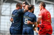 14 May 2022; James Lowe of Leinster celebrates with teammates Andrew Porter and Jamison Gibson-Park after scoring his side's first try during the Heineken Champions Cup Semi-Final match between Leinster and Toulouse at the Aviva Stadium in Dublin. Photo by Harry Murphy/Sportsfile
