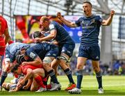 14 May 2022; Leinster players including Jonathan Sexton, right, celebrate as Josh van der Flier of Leinster scores his side's second try during the Heineken Champions Cup Semi-Final match between Leinster and Toulouse at the Aviva Stadium in Dublin. Photo by Harry Murphy/Sportsfile