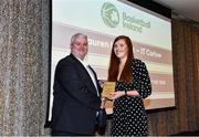 14 May 2022; Claire Melia of The Address UCC Glanmire collects the Colleges Committee Division 2 Women's Player of the Season award from NBCC Committee member Patrick O'Neill, on behalf of Lauren La Plant of IT Carlow during the 2021/22 Basketball Ireland Annual Awards and Hall of Fame ceremony in Dublin on Saturday at Royal Marine Hotel in Dun Laoghaire, Dublin. Photo by Sam Barnes/Sportsfile