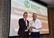 14 May 2022; Limerick Celtics co-founder and head coach Tony Hehir, right, collects the Irish Wheelchair Basketball Men's Player of the Year award from Basketball Ireland’s Sport Inclusion Development Officer, Paul Carr, on behalf of Tiarnan O'Donnell of Limerick Celtics during the 2021/22 Basketball Ireland Annual Awards and Hall of Fame ceremony in Dublin on Saturday at Royal Marine Hotel in Dun Laoghaire, Dublin. Photo by Sam Barnes/Sportsfile