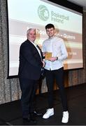 14 May 2022; Michael Devlin of Queens University Belfast, right, is presented with the Colleges Committee Division 3 Men's Player of the Season award by NBCC Committee member Patrick O'Neill during the 2021/22 Basketball Ireland Annual Awards and Hall of Fame ceremony in Dublin on Saturday at Royal Marine Hotel in Dun Laoghaire, Dublin. Photo by Sam Barnes/Sportsfile