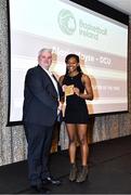 14 May 2022; Alarie Mayze of DCU is presented with the Colleges Committee Division 1 Women's Player of the Season award by NBCC Committee member Patrick O'Neill during the 2021/22 Basketball Ireland Annual Awards and Hall of Fame ceremony in Dublin on Saturday at Royal Marine Hotel in Dun Laoghaire, Dublin. Photo by Sam Barnes/Sportsfile