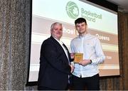 14 May 2022; Michael Devlin of Queens University Belfast, right, is presented with the Colleges Committee Division 3 Men's Player of the Season award by NBCC Committee member Patrick O'Neill during the 2021/22 Basketball Ireland Annual Awards and Hall of Fame ceremony in Dublin on Saturday at Royal Marine Hotel in Dun Laoghaire, Dublin. Photo by Sam Barnes/Sportsfile