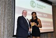 14 May 2022; Alarie Mayze of DCU is presented with the Colleges Committee Division 1 Women's Player of the Season award by NBCC Committee member Patrick O'Neill during the 2021/22 Basketball Ireland Annual Awards and Hall of Fame ceremony in Dublin on Saturday at Royal Marine Hotel in Dun Laoghaire, Dublin. Photo by Sam Barnes/Sportsfile