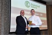 14 May 2022; Darragh Ferguson of Ulster University, right, is presented with the Colleges Committee Division 1 Men's Player of the Season award by NBCC Committee member Patrick O'Neill during the 2021/22 Basketball Ireland Annual Awards and Hall of Fame ceremony in Dublin on Saturday at Royal Marine Hotel in Dun Laoghaire, Dublin. Photo by Sam Barnes/Sportsfile