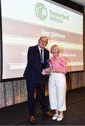 14 May 2022; Ann Diffney is presented with her 2020 Presidents' Lifetime Achievement Award by Basket Ireland President PJ Reidy during the 2021/22 Basketball Ireland Annual Awards and Hall of Fame ceremony in Dublin on Saturday at Royal Marine Hotel in Dun Laoghaire, Dublin. Photo by Sam Barnes/Sportsfile