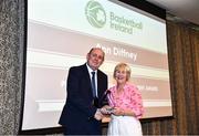 14 May 2022; Ann Diffney is presented with her 2020 Presidents' Lifetime Achievement Award by Basket Ireland President PJ Reidy during the 2021/22 Basketball Ireland Annual Awards and Hall of Fame ceremony in Dublin on Saturday at Royal Marine Hotel in Dun Laoghaire, Dublin. Photo by Sam Barnes/Sportsfile