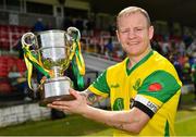 14 May 2022; Rockmount AFC captain Ken Hoey with the Pat O'Brien Intermediate Challenge Cup after his side's victory in the FAI Centenary Intermediate Cup Final 2021/2022 match between Rockmount AFC and Bluebell United at Turner's Cross in Cork. Photo by Seb Daly/Sportsfile