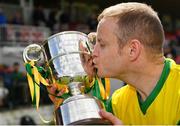 14 May 2022; Rockmount AFC captain Ken Hoey kisses the Pat O'Brien Intermediate Challenge Cup after his side's victory in the FAI Centenary Intermediate Cup Final 2021/2022 match between Rockmount AFC and Bluebell United at Turner's Cross in Cork. Photo by Seb Daly/Sportsfile