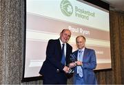 14 May 2022; Paul Ryan, right, is presented with his 2021 President's Lifetime Achievement Award by Basketball Ireland President PJ Reidy during the 2021/22 Basketball Ireland Annual Awards and Hall of Fame ceremony in Dublin on Saturday at Royal Marine Hotel in Dun Laoghaire, Dublin. Photo by Sam Barnes/Sportsfile