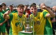 14 May 2022; Eoin Murphy, left, and Cian Murphy of Rockmount AFC with the Pat O'Brien Challenge Cup after their side's victory in the FAI Centenary Intermediate Cup Final 2021/2022 match between Rockmount AFC and Bluebell United at Turner's Cross in Cork. Photo by Seb Daly/Sportsfile