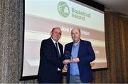 14 May 2022; Joe Naughton, right, is presented with his 2022 President's Lifetime Achievement Award by Basketball Ireland President PJ Reidy during the 2021/22 Basketball Ireland Annual Awards and Hall of Fame ceremony in Dublin on Saturday at Royal Marine Hotel in Dun Laoghaire, Dublin. Photo by Sam Barnes/Sportsfile