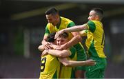 14 May 2022; Rockmount AFC players celebrate at the final whistle after their side's victory in the FAI Centenary Intermediate Cup Final 2021/2022 match between Rockmount AFC and Bluebell United at Turner's Cross in Cork. Photo by Seb Daly/Sportsfile