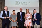 14 May 2022; Basketball Ireland Chief Executive Officer John Feehan, centre, with Basketball Ireland Hall of fame inductees, from left, Tom Wilkinson, Caroline Forde, Michelle Aspell and Noel Keating during the 2021/22 Basketball Ireland Annual Awards and Hall of Fame ceremony in Dublin on Saturday at Royal Marine Hotel in Dun Laoghaire, Dublin. Photo by Sam Barnes/Sportsfile
