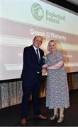 14 May 2022; Grace O'Flaherty is presented with her 2021 President's Lifetime Achievement Award by Basketball Ireland President PJ Reidy during the 2021/22 Basketball Ireland Annual Awards and Hall of Fame ceremony in Dublin on Saturday at Royal Marine Hotel in Dun Laoghaire, Dublin. Photo by Sam Barnes/Sportsfile