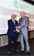 14 May 2022; Charles Higgins, right, is presented with his 2022 President's Lifetime Achievement Award by Basketball Ireland President PJ Reidy during the 2021/22 Basketball Ireland Annual Awards and Hall of Fame ceremony in Dublin on Saturday at Royal Marine Hotel in Dun Laoghaire, Dublin. Photo by Sam Barnes/Sportsfile