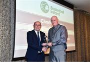 14 May 2022; Charles Higgins, right, is presented with his 2022 President's Lifetime Achievement Award by Basketball Ireland President PJ Reidy during the 2021/22 Basketball Ireland Annual Awards and Hall of Fame ceremony in Dublin on Saturday at Royal Marine Hotel in Dun Laoghaire, Dublin. Photo by Sam Barnes/Sportsfile