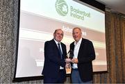 14 May 2022; John Hayes, right, is presented with his 2022 President's Lifetime Achievement Award by Basketball Ireland President PJ Reidy  during the 2021/22 Basketball Ireland Annual Awards and Hall of Fame ceremony in Dublin on Saturday at Royal Marine Hotel in Dun Laoghaire, Dublin. Photo by Sam Barnes/Sportsfile