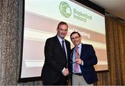 14 May 2022; Noel Keating, right, is presented with his Hall of Fame Award by Basketball Ireland Chief Executive Officer John Feehan  during the 2021/22 Basketball Ireland Annual Awards and Hall of Fame ceremony in Dublin on Saturday at Royal Marine Hotel in Dun Laoghaire, Dublin. Photo by Sam Barnes/Sportsfile