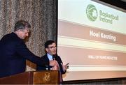 14 May 2022; Noel Keating, right, speaking with Master of Ceremonies John Irwin during the 2021/22 Basketball Ireland Annual Awards and Hall of Fame ceremony in Dublin on Saturday at Royal Marine Hotel in Dun Laoghaire, Dublin. Photo by Sam Barnes/Sportsfile