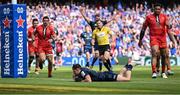 14 May 2022; Hugo Keenan of Leinster scores his side's fourth try during the Heineken Champions Cup Semi-Final match between Leinster and Toulouse at Aviva Stadium in Dublin. Photo by Brendan Moran/Sportsfile