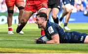 14 May 2022; Hugo Keenan of Leinster celebrates after scoring his side's fourth try during the Heineken Champions Cup Semi-Final match between Leinster and Toulouse at Aviva Stadium in Dublin. Photo by Brendan Moran/Sportsfile