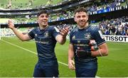 14 May 2022; Jimmy O'Brien, left, and Hugo Keenan of Leinster after the Heineken Champions Cup Semi-Final match between Leinster and Toulouse at Aviva Stadium in Dublin. Photo by Ramsey Cardy/Sportsfile