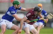 14 May 2022; Padraic Mannion of Galway is tackled by Mark Dowling of Laois during the Leinster GAA Hurling Senior Championship Round 4 match between Laois and Galway at MW Hire O’Moore Park in Portlaoise, Laois. Photo by Ray McManus/Sportsfile
