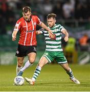 13 May 2022; Will Patching of Derry City in action against Jack Byrne of Shamrock Rovers during the SSE Airtricity League Premier Division match between Shamrock Rovers and Derry City at Tallaght Stadium in Dublin.  Photo by Stephen McCarthy/Sportsfile