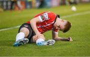 13 May 2022; Brandon Kavanagh of Derry City awaits medical attention during the SSE Airtricity League Premier Division match between Shamrock Rovers and Derry City at Tallaght Stadium in Dublin.  Photo by Stephen McCarthy/Sportsfile
