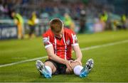 13 May 2022; Brandon Kavanagh of Derry City awaits medical attention during the SSE Airtricity League Premier Division match between Shamrock Rovers and Derry City at Tallaght Stadium in Dublin.  Photo by Stephen McCarthy/Sportsfile