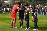 14 May 2022; Jonathan Sexton of Leinster speaks with Joe Tekori of Toulouse with his children Luca and Amy after the Heineken Champions Cup Semi-Final match between Leinster and Toulouse at the Aviva Stadium in Dublin. Photo by Harry Murphy/Sportsfile