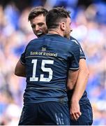 14 May 2022; Hugo Keenan of Leinster, right, celebrates with teammate Ross Byrne after scoring their side's fourth try during the Heineken Champions Cup Semi-Final match between Leinster and Toulouse at Aviva Stadium in Dublin. Photo by Brendan Moran/Sportsfile
