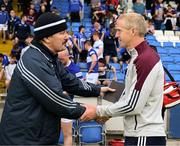 14 May 2022; The Laois and Galway managers, Seamus Plunkett, left, and Henry Sheflin, shake hands after after the Leinster GAA Hurling Senior Championship Round 4 match between Laois and Galway at MW Hire O’Moore Park in Portlaoise, Laois. Photo by Ray McManus/Sportsfile