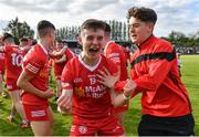 14 May 2022; Luke Donnelly of Tyrone, 19, celebrates his side's victory in the EirGrid GAA Football All-Ireland Under 20 Championship Final match between Kildare and Tyrone at Avant Money Páirc Seán Mac Diarmada, Carrick-on-Shannon in Leitrim. Photo by Piaras Ó Mídheach/Sportsfile