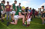 14 May 2022; Aaron Craig of Westmeath celebrates with his son Oisín, aged 3, after the Leinster GAA Hurling Senior Championship Round 4 match between Westmeath and Wexford at TEG Cusack Park in Mullingar, Westmeath. Photo by Daire Brennan/Sportsfile