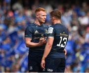 14 May 2022; Ciarán Frawley and Garry Ringrose of Leinster after their side's victory in the Heineken Champions Cup Semi-Final match between Leinster and Toulouse at the Aviva Stadium in Dublin. Photo by Harry Murphy/Sportsfile