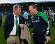 14 May 2022; Limerick manager Billy Lee is congratulated by JP McManus after the Munster GAA Senior Football Championship Semi-Final match between Tipperary and Limerick at FBD Semple Stadium in Thurles, Tipperary. Photo by Diarmuid Greene/Sportsfile