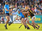 14 May 2022; Rian McBride of Dublin in action against Paddy Deegan and Richie Reid, right, of Kilkenny during the Leinster GAA Hurling Senior Championship Round 4 match between Dublin and Kilkenny at Parnell Park in Dublin. Photo by Stephen McCarthy/Sportsfile