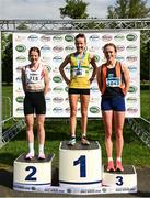 15 May 2022; The Irish Runner 5k women's medalists Ciara Hickey of Brothers Pearse AC, first, Ciara Wilson of DMP AC, second, and Emma O'Brien, third, after the Irish Runner 5k sponsored by Sports Travel International incorporating the AAI National 5k Road Championships at Phoenix Park in Dublin. Photo by Harry Murphy/Sportsfile