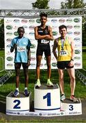 15 May 2022; Irish Runner 5k medalists Efrem Gidey of Clonliffe Harriers AC, first, Peter Somba of Dunboyne AC, second, and Rory O'Connor of North Cork AC, third, after the Irish Runner 5k sponsored by Sports Travel International incorporating the AAI National 5k Road Championships at Phoenix Park in Dublin. Photo by Harry Murphy/Sportsfile