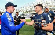 14 May 2022; Dan Leavy and Hugo Keenan of Leinster after their side's victory in the Heineken Champions Cup Semi-Final match between Leinster and Toulouse at the Aviva Stadium in Dublin. Photo by Harry Murphy/Sportsfile