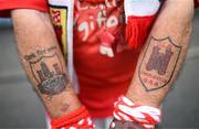 15 May 2022; A detailed view of the tattoos on the arms of Cork supporter Joe Cole, from Charleville, before the Munster GAA Hurling Senior Championship Round 4 match between Waterford and Cork at Walsh Park in Waterford. Photo by Stephen McCarthy/Sportsfile