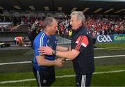 15 May 2022; Waterford manager Liam Cahill and Cork manager Kieran Kingston after the Munster GAA Hurling Senior Championship Round 4 match between Waterford and Cork at Walsh Park in Waterford. Photo by Stephen McCarthy/Sportsfile
