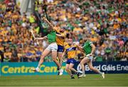 15 May 2022; Gearóid Hegarty of Limerick wins possession ahead of David McInerney of Clare during the Munster GAA Hurling Senior Championship Round 4 match between Clare and Limerick at Cusack Park in Ennis, Clare. Photo by Ray McManus/Sportsfile