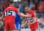 15 May 2022; Benny Heron of Derry celebrates after scoring his side's second goal during the Ulster GAA Football Senior Championship Semi-Final match between Derry and Monaghan at Athletic Grounds in Armagh. Photo by Ramsey Cardy/Sportsfile