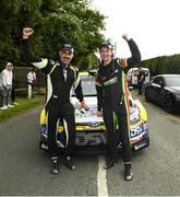 15 May 2022; Josh Moffett and Keith Moriarty in a Hyundai R5 celebrate after winning the Carlow Rally Round 4 of the National Championship in in Kildavin Co. Carlow. Photo by Philip Fitzpatrick/Sportsfile