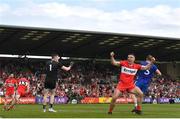 15 May 2022; Niall Toner of Derry celebrates his side's second goal, scored by Benny Heron, during the Ulster GAA Football Senior Championship Semi-Final match between Derry and Monaghan at Athletic Grounds in Armagh. Photo by Ramsey Cardy/Sportsfile