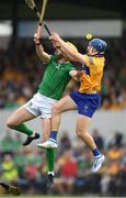 15 May 2022; Séamus Flanagan of Limerick is tackled by Rory Hayes of Clare during the Munster GAA Hurling Senior Championship Round 4 match between Clare and Limerick at Cusack Park in Ennis, Clare. Photo by Ray McManus/Sportsfile