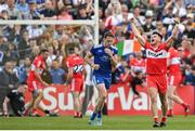 15 May 2022; Conor Doherty of Derry, celebrates his side's third goal, scored by Benny Heron, during the Ulster GAA Football Senior Championship Semi-Final match between Derry and Monaghan at Athletic Grounds in Armagh. Photo by Ramsey Cardy/Sportsfile